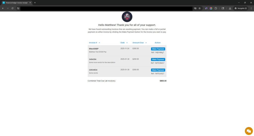 Supporters can view all of their invoices due with Booostr Easy Online Bill Pay after confirming their identity.